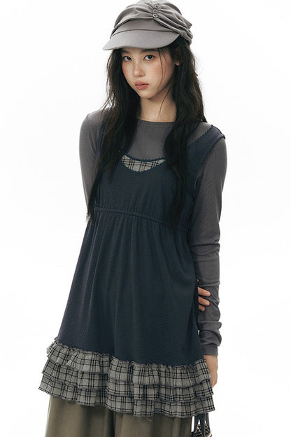 Plaid Ruffle Sleeveless Knit Vest Dress