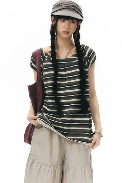 Maglia a righe rétro in maglia con pizzo