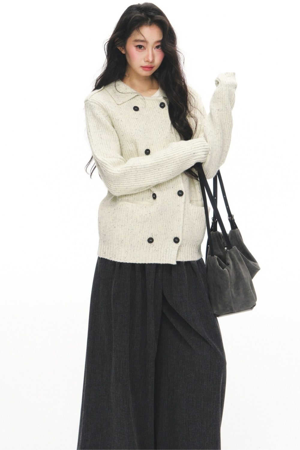 Gray Knit Cardigan With Trousers Set-Up
