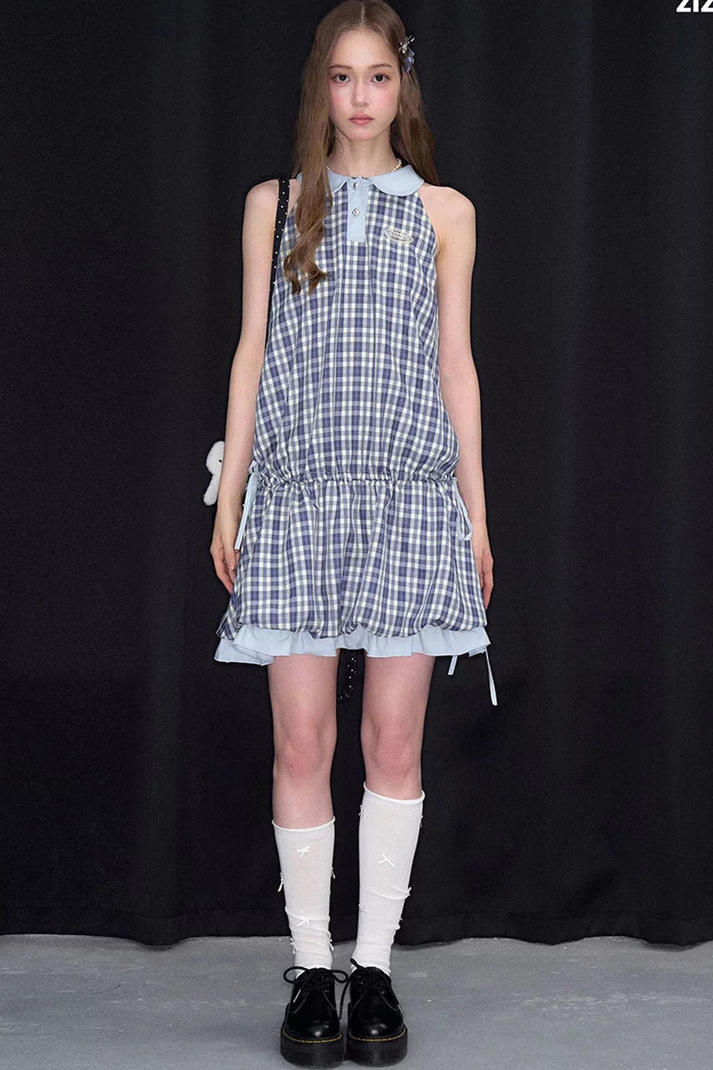 Robe bleue à carreaux avec col Claudine