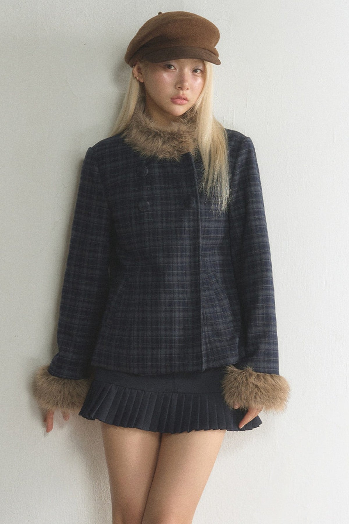 Plaid Woolen Jacket and Skirt Set-Up