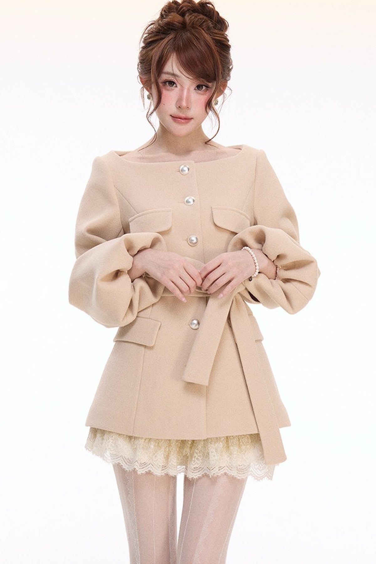 Lantern Sleeve Wool Coat & Lace Tiered Skirt Set-Up
