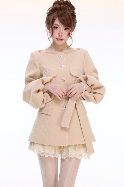 Lantern Sleeve Wool Coat & Lace Tiered Skirt Set-Up