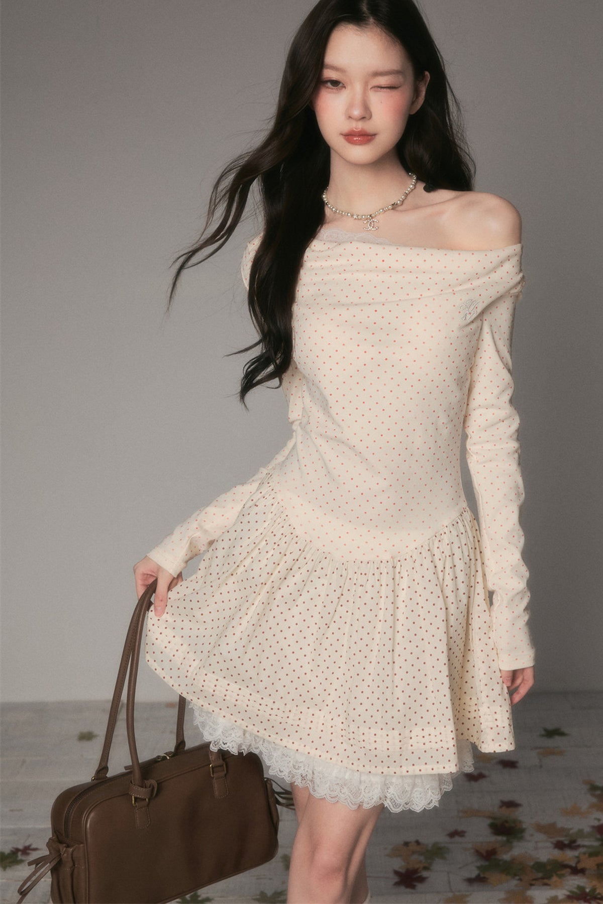 Off-Shoulder Polka Dot Lace Patchwork Dress
