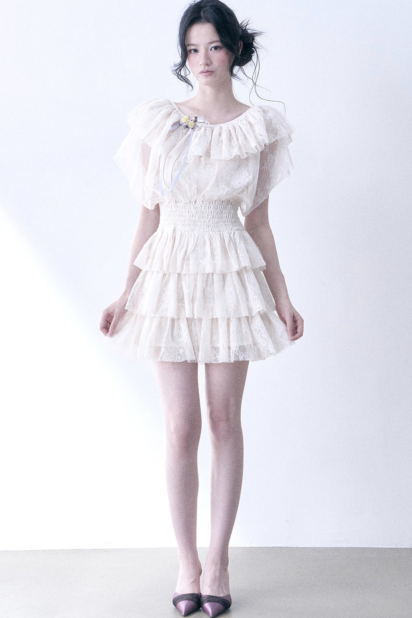 Layered Lace Ruffle Flutter Sleeve Tiered Dress