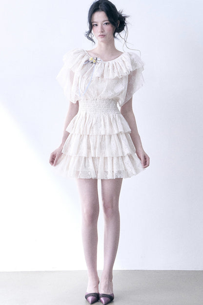 Layered Lace Ruffle Flutter Sleeve Tiered Dress