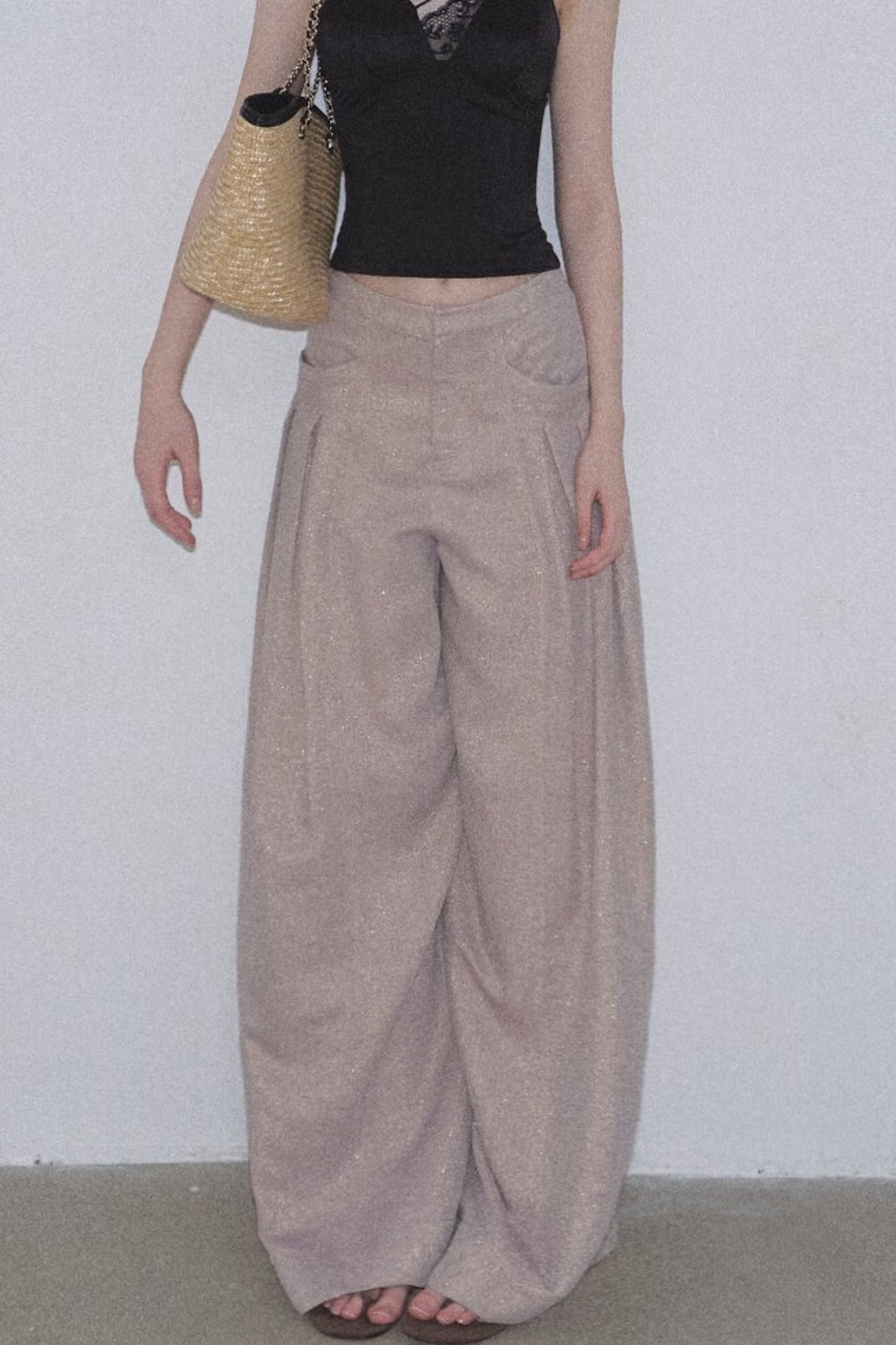 Gold Silk Linen Wide-Leg Pants