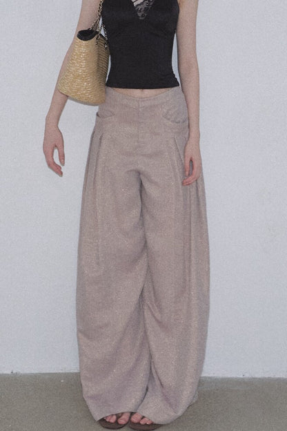 Gold Silk Linen Wide-Leg Pants