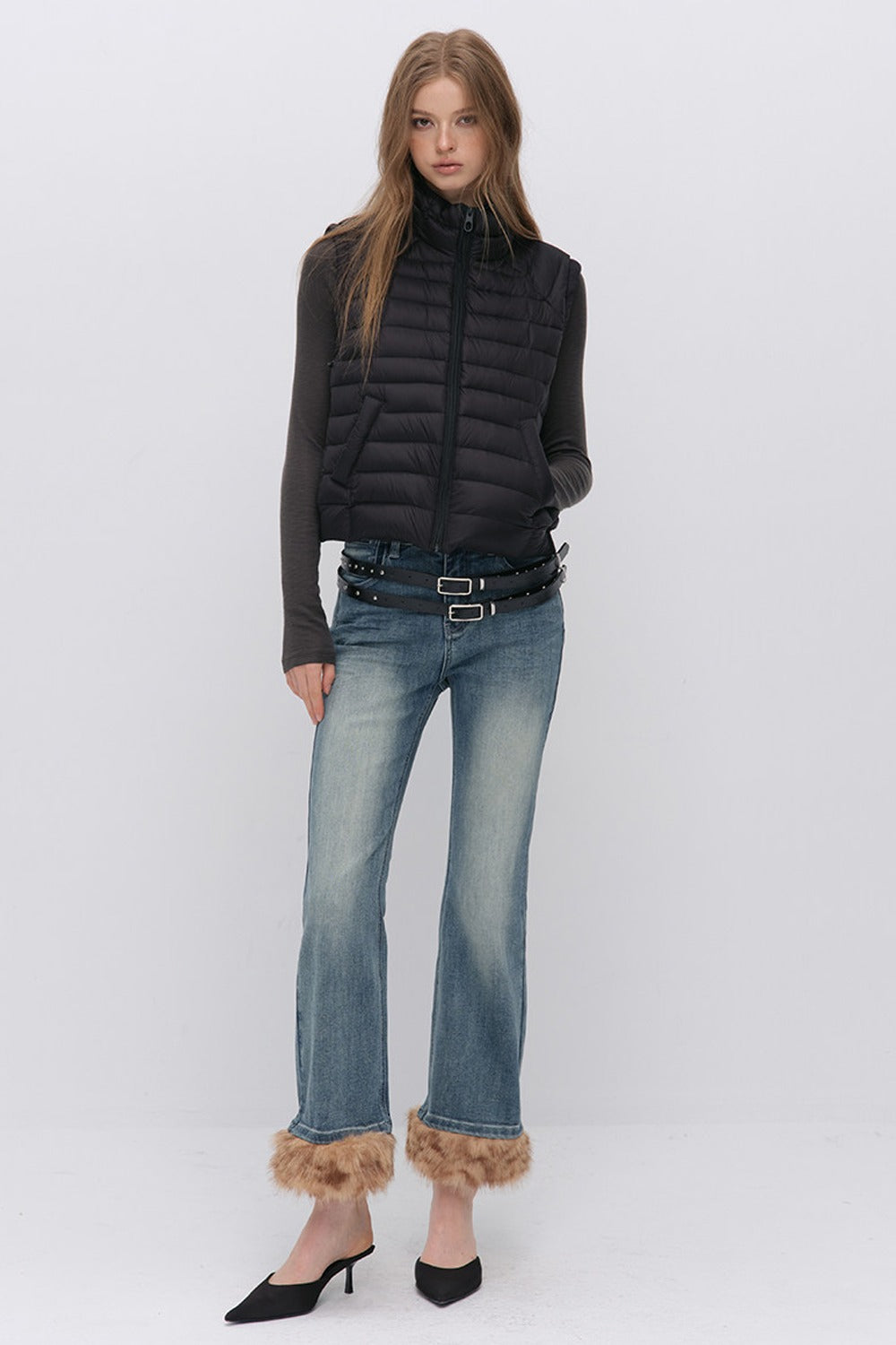 Detachable Frayed Hem Washed Flared Jeans