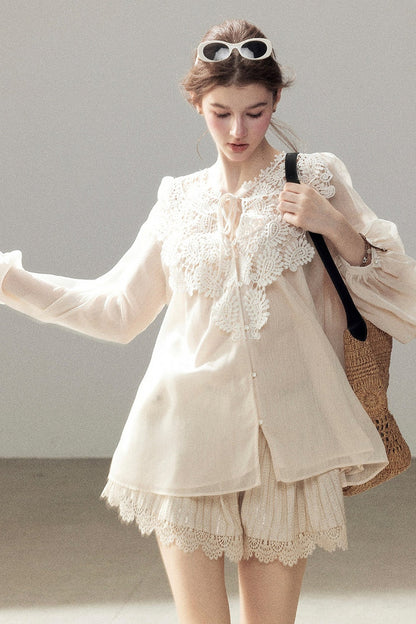 French Style Lace Trim Chiffon Top