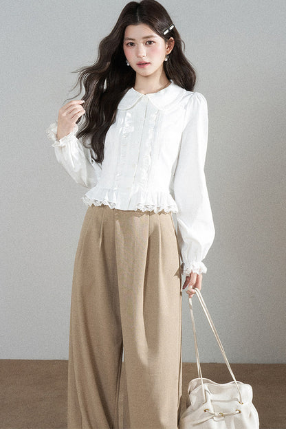 White Long-Sleeved Loose Pullover Doll Collar Shirt
