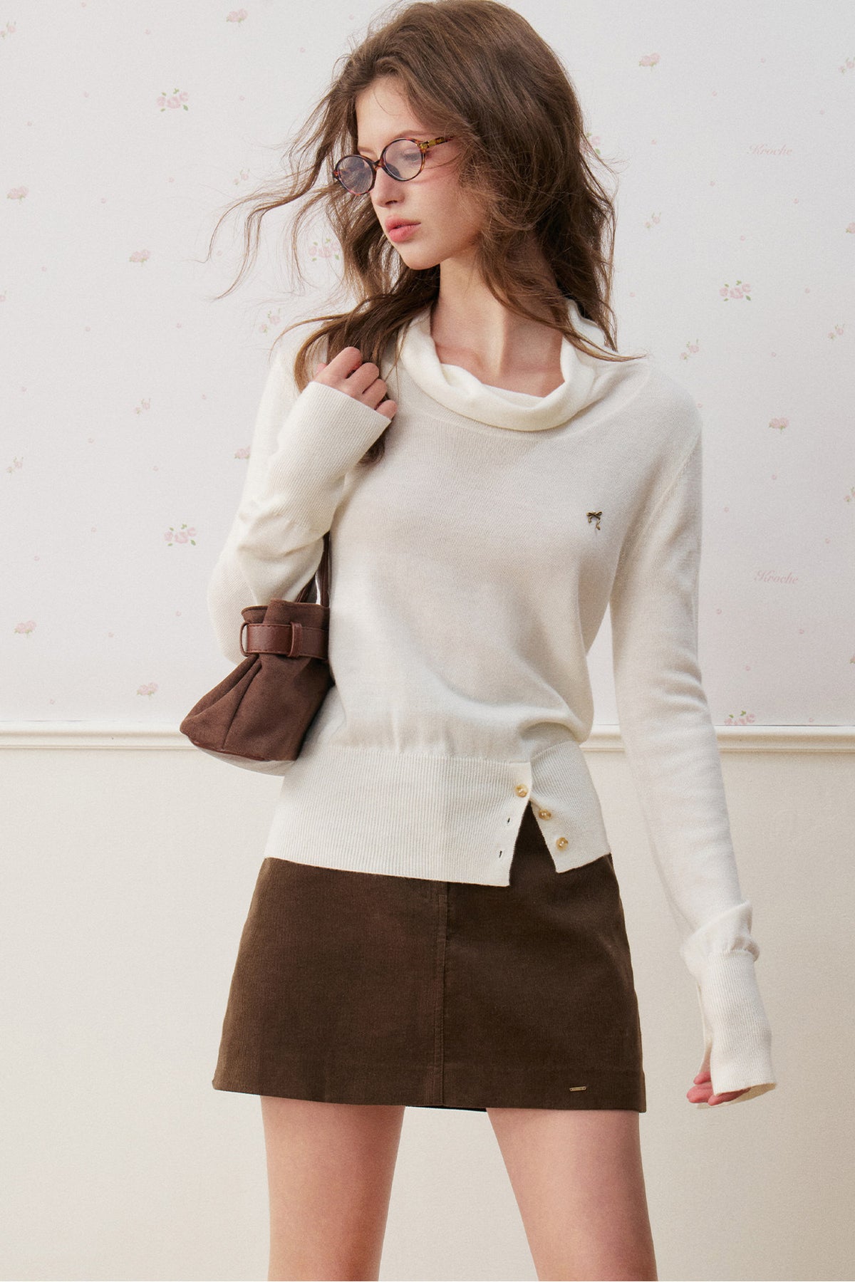 Asymmetric Diagonal Button Cowl Knit Top