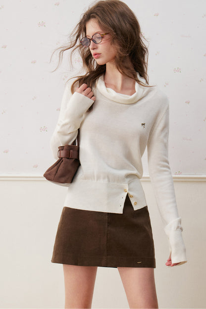 Asymmetric Diagonal Button Cowl Knit Top