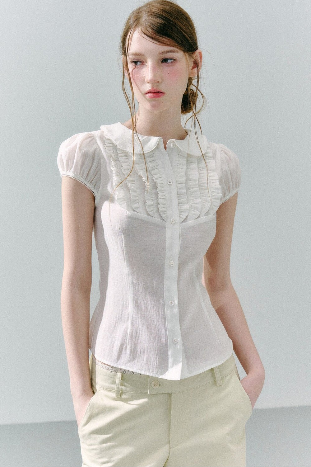 White Acetate Linen Ruffle Blouse