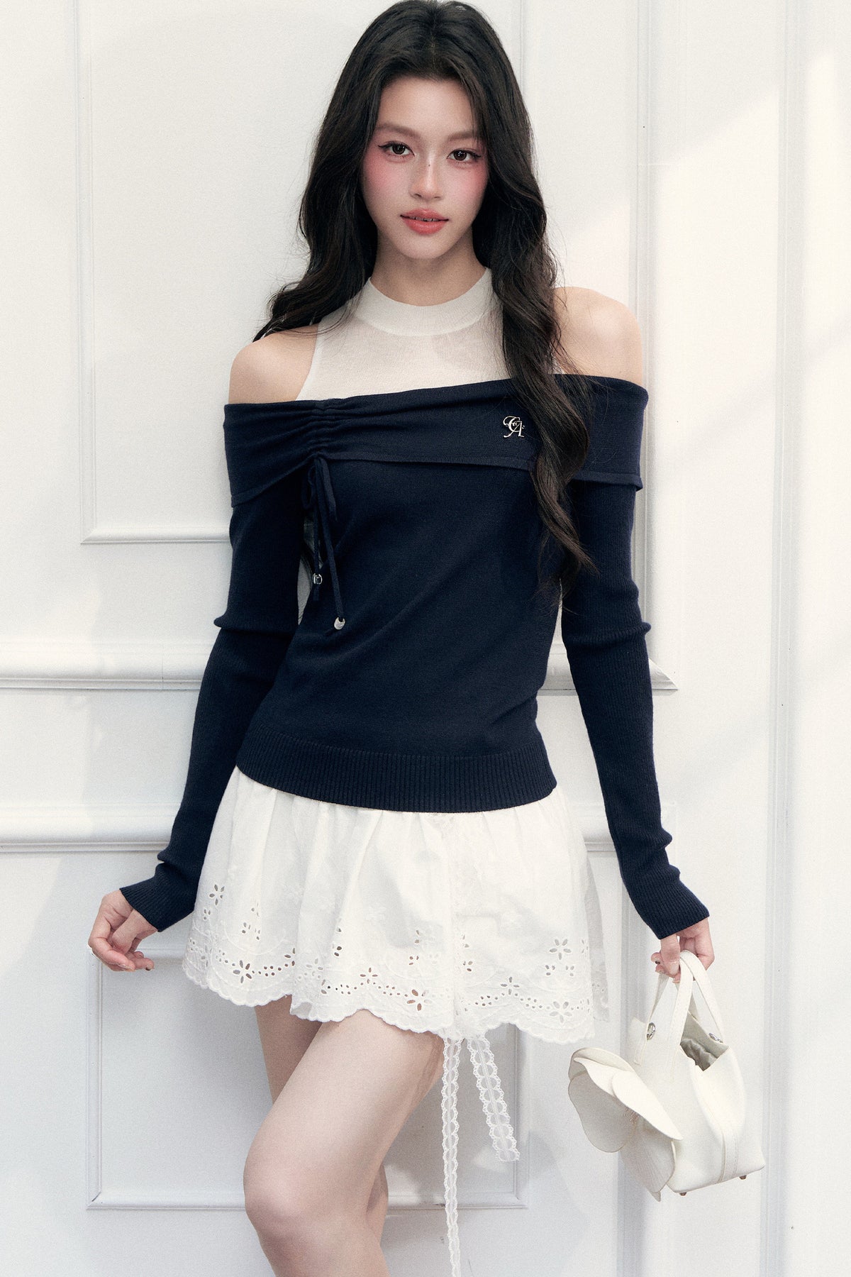 Off-Shoulder Contrasting Color Knit Top