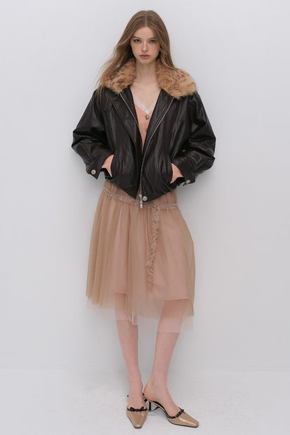 Textured Leopard Fur Collar PU Jacket