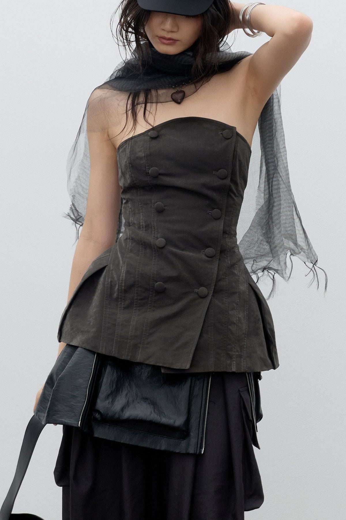 Dark Gray Corset-Style Corner-Waist Tube Top
