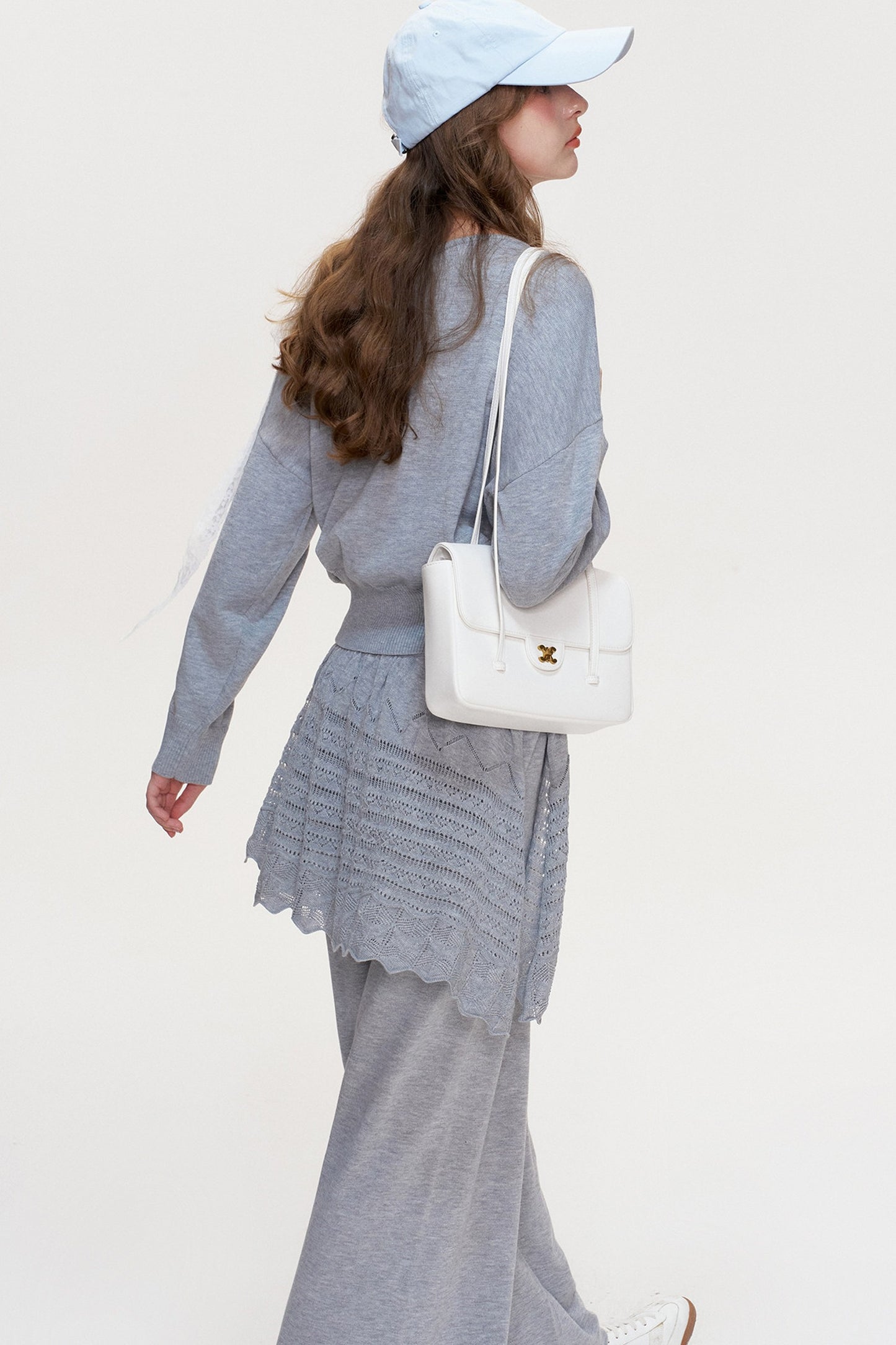 Wool Blend Off-Shoulder Lace Bow Knit Sweater and Pants Set-Up