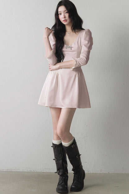 Satin Long-Sleeve Bow Dress