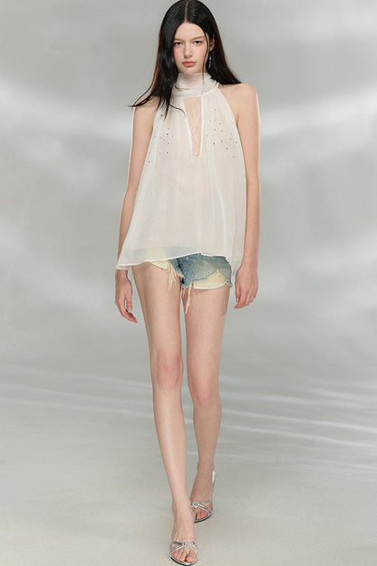 Rhinestone Chiffon Lace Blouse