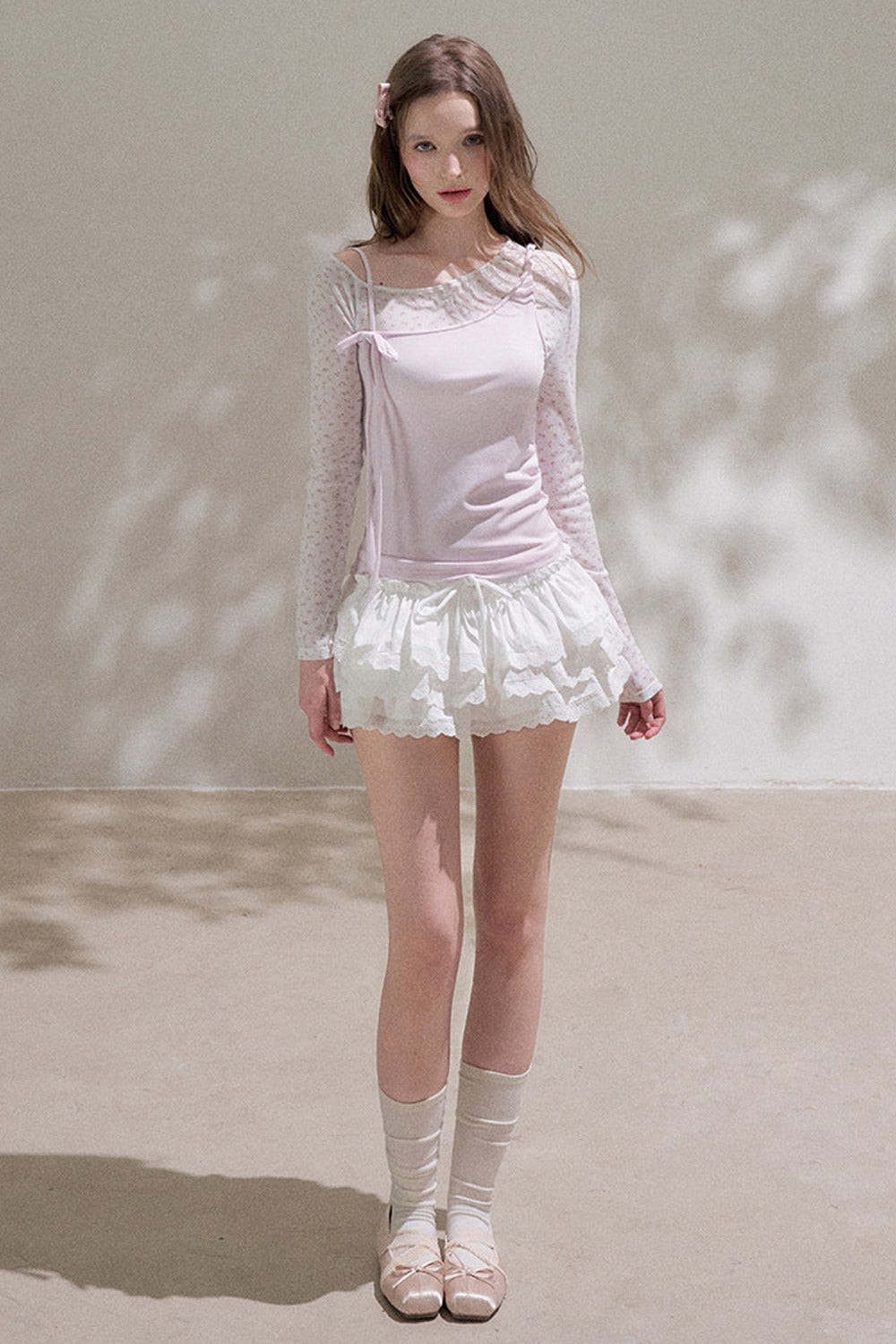 Layered-Look Floral Long Sleeve Blouse