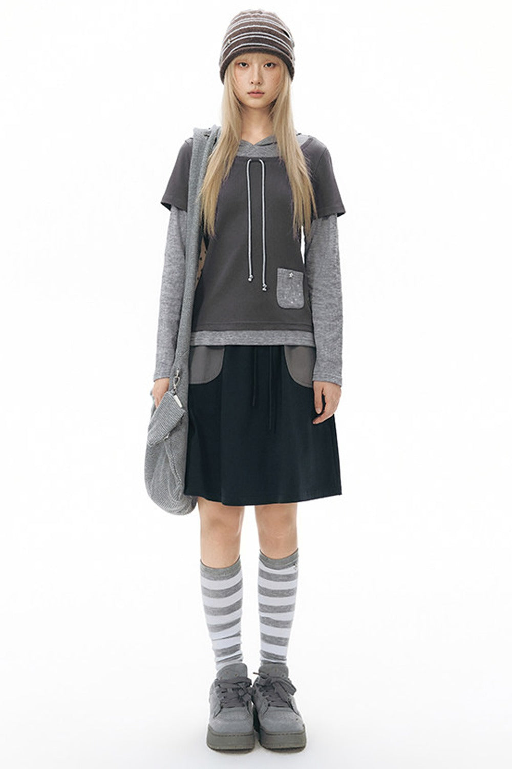 Layered-Look Hooded Long-Sleeve Top
