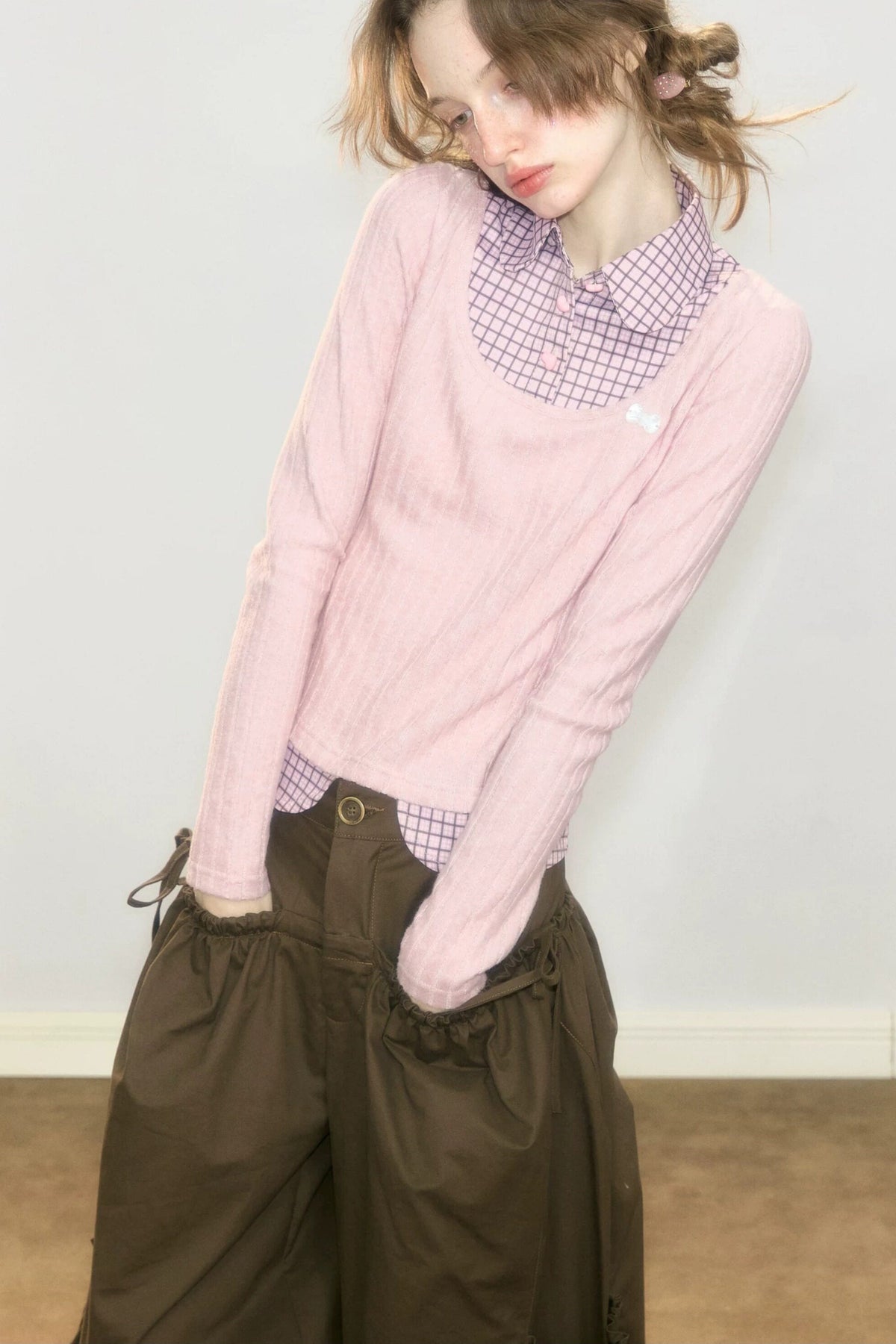 Layered-Look Plaid Collar Knit Top