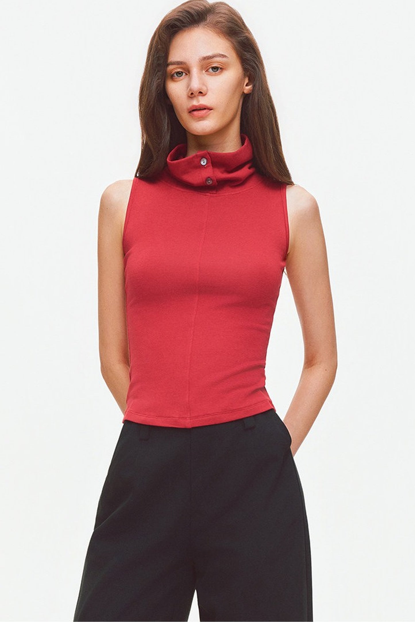 Convertible Collar Sleeveless Knit Top