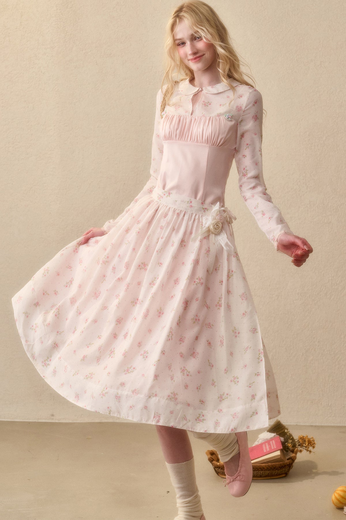 Peach Floral Satin Tencel Dress With Skirt Set-Up