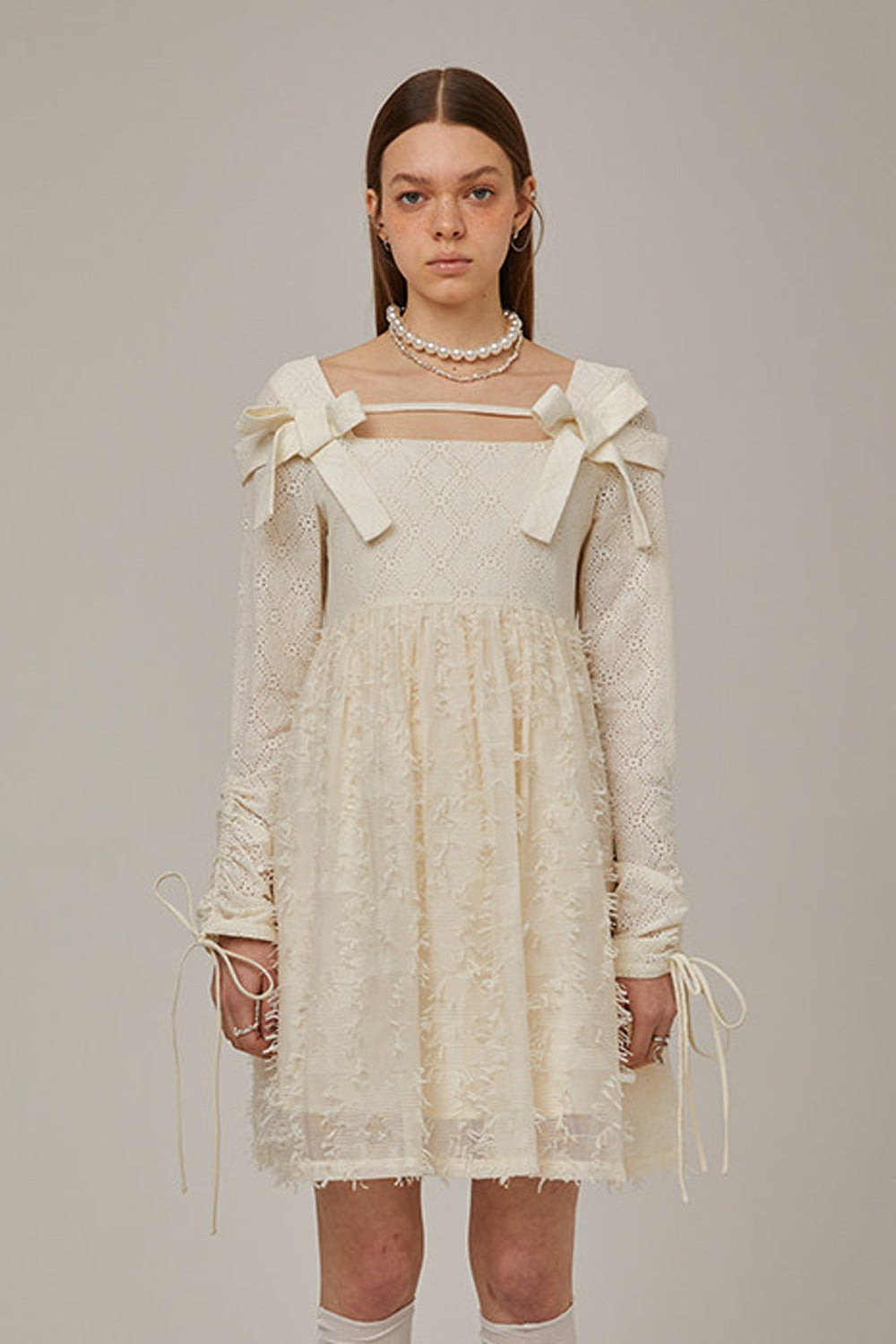 Beige Plaid Lace Bow Dress