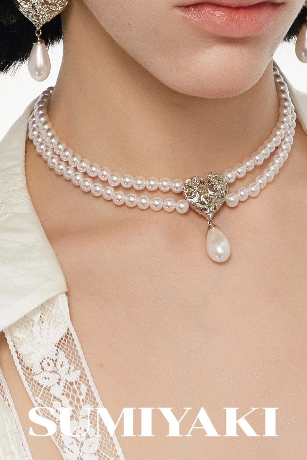 Double Layer Embossed Heart Pearl Necklace