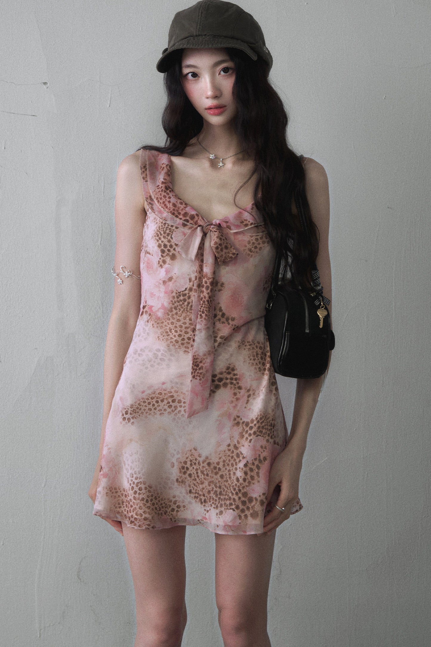 Pink Leopard Print Bow Tie Mini Dress