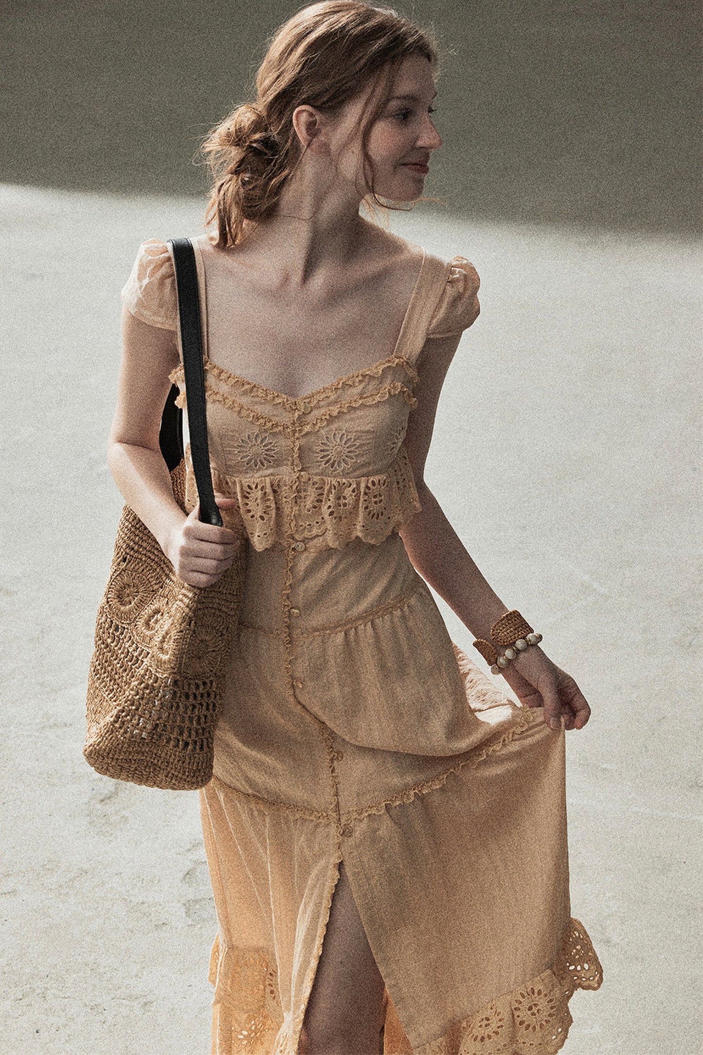Ruffled French Short-Sleeve Long Dress