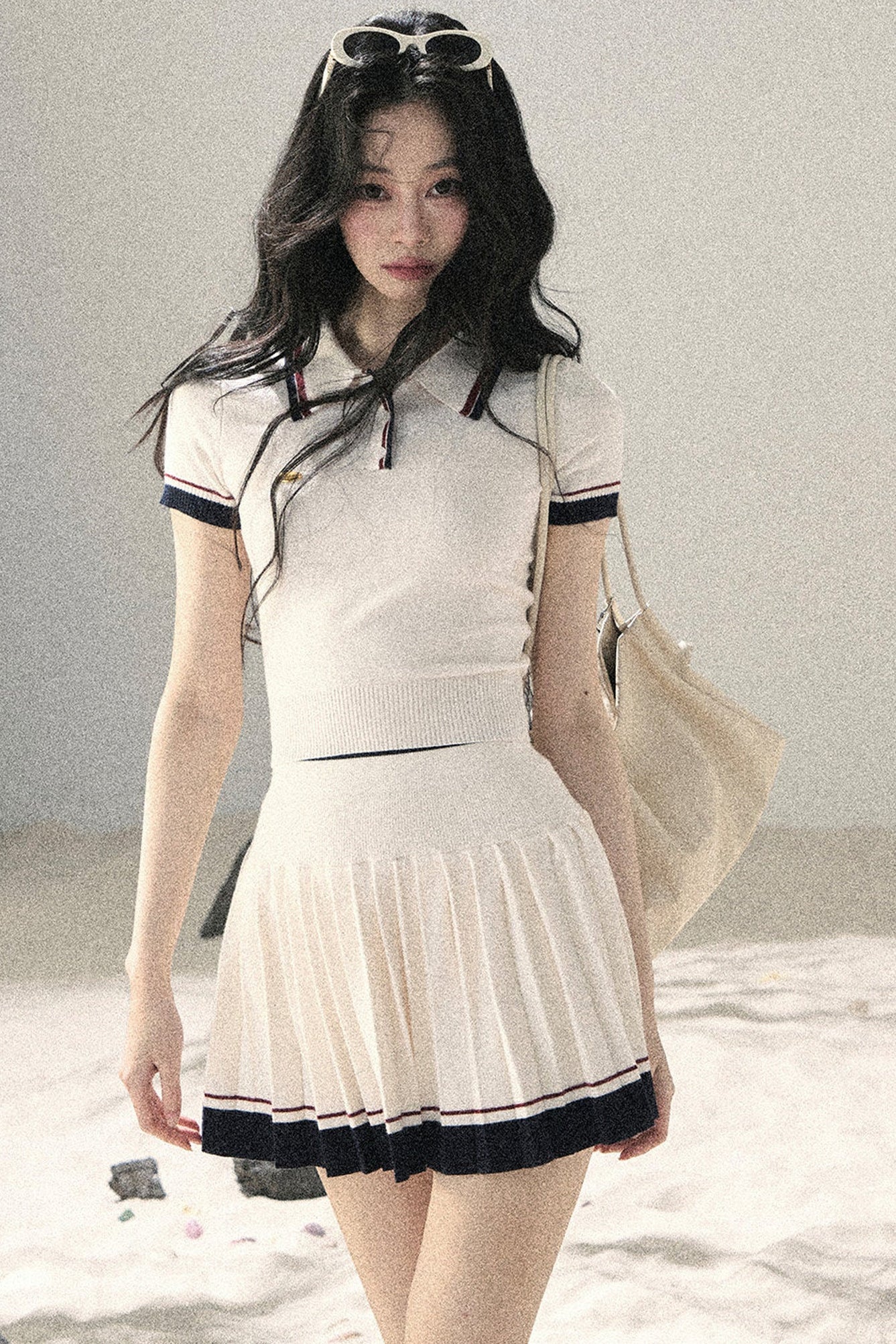 Knit Polo Top And Pleated Skirt Set-Up