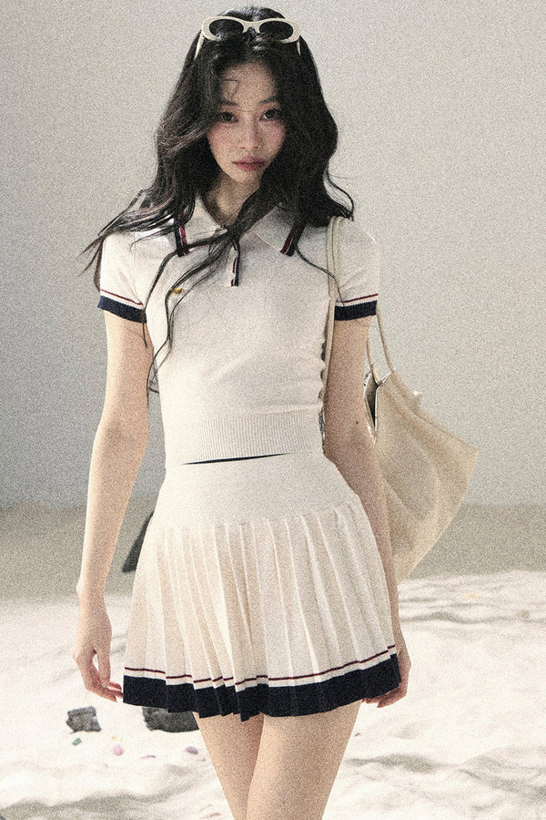 Knit Polo Top And Pleated Skirt Set-Up