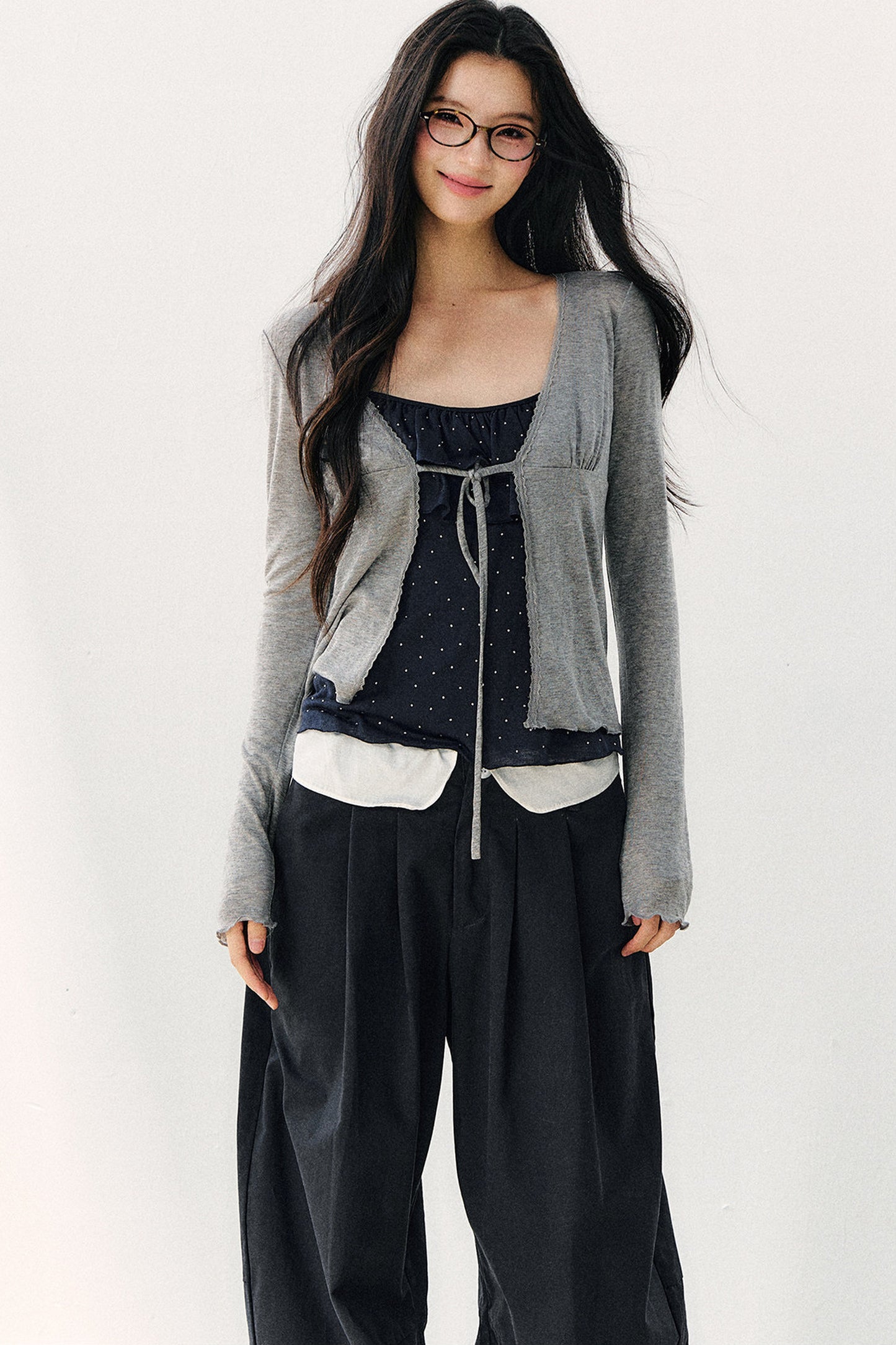 Double-Layer Ruffle Top And Cardigan Set-Up