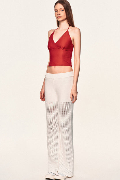 White Hollow-Out Mesh Crochet Straight Pants
