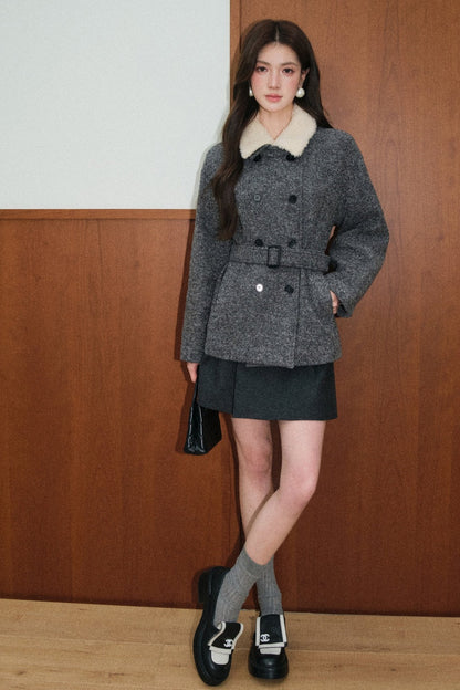 Double-Breasted Wool Fur Collar Coat
