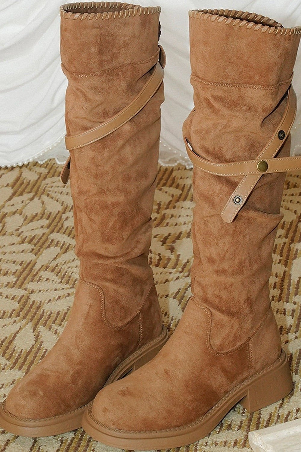 Retro Suede Slouchy Boots With Belt Buckle