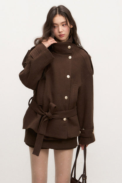 Stand-Collar Lace-Up Coat and Skirt Set-Up