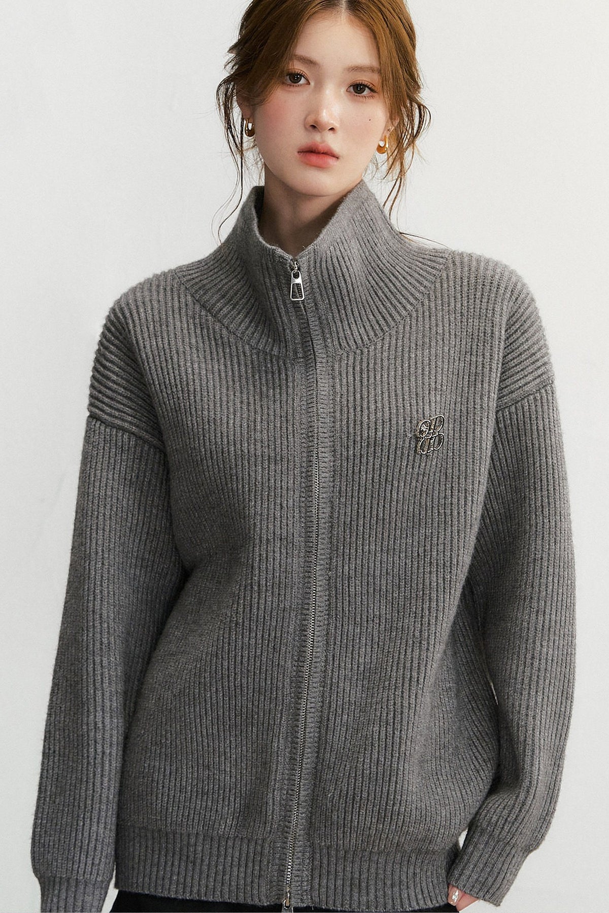 Grey Textured Zipper Knit Jacket