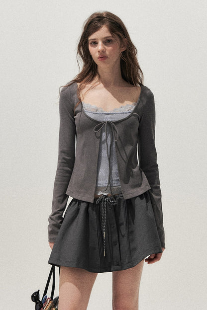 Lace Spliced Tie-Up Long Sleeve Top