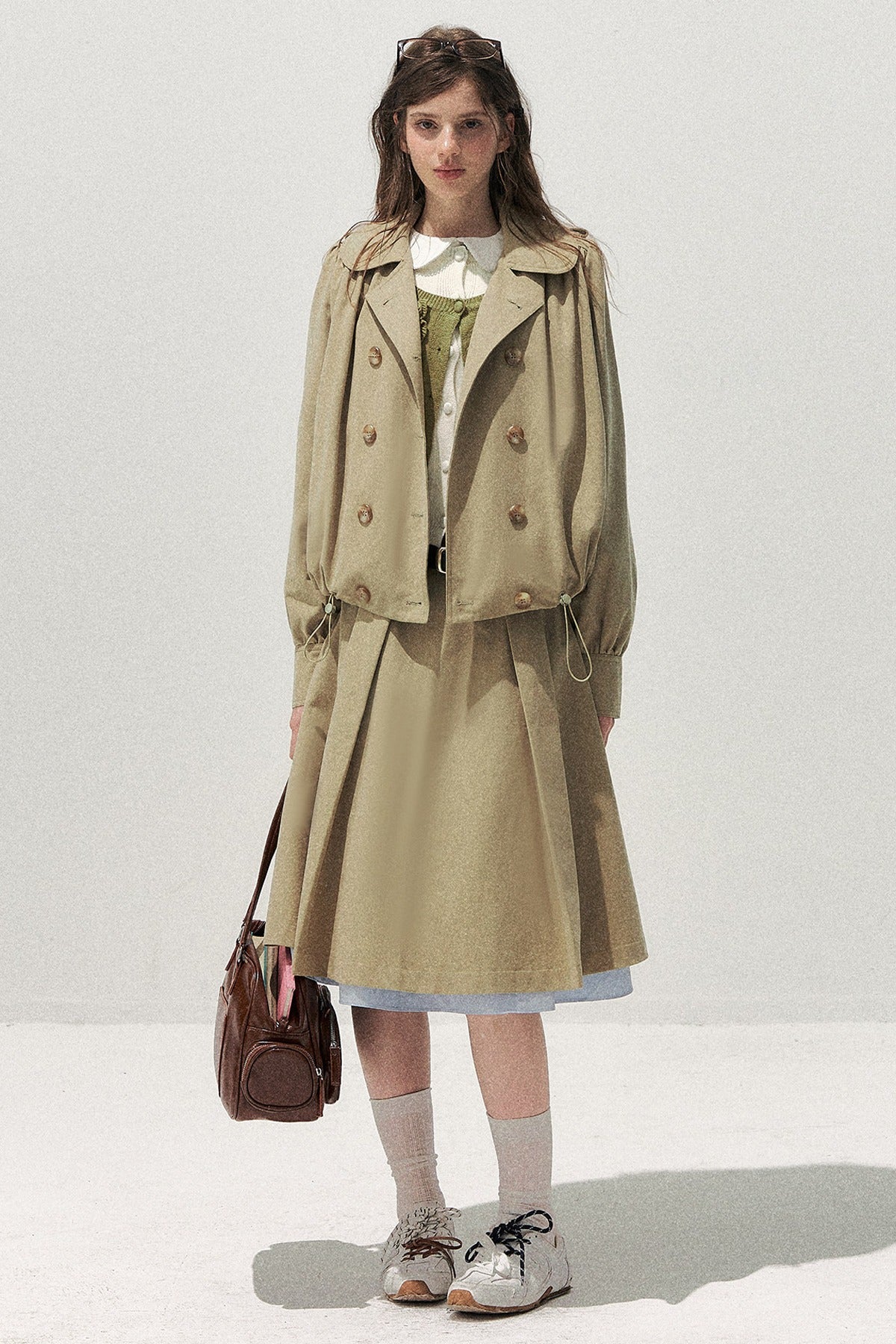 Khaki Short Trench Coat and Skirt Set-Up