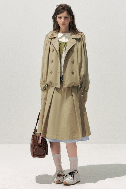 Khaki Short Trench Coat and Skirt Set-Up