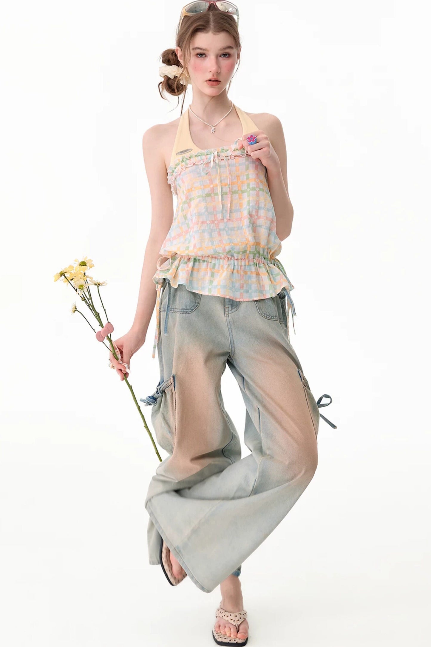 Blusa all'americana a quadri pastello