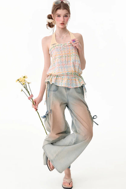 Blusa all'americana a quadri pastello