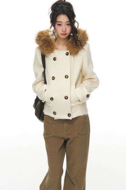 Wool Double-Breasted Fur Collar Coat Set-Up