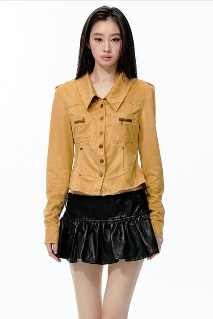 Detachable Beaded Chain Bronze Rivet Suede Shirt