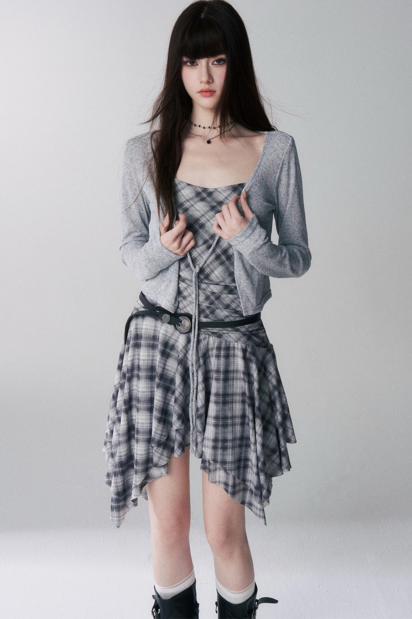 Irregular Plaid Suspender Dress Set-Up