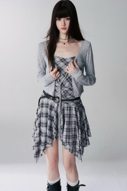 Irregular Plaid Suspender Dress Set-Up